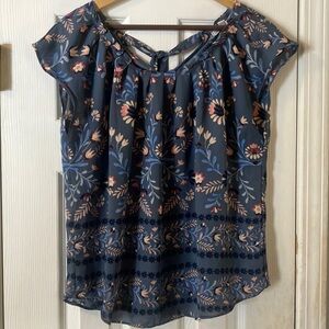 LC Lauren Conrad Blue Smocked Tie Back Blouse